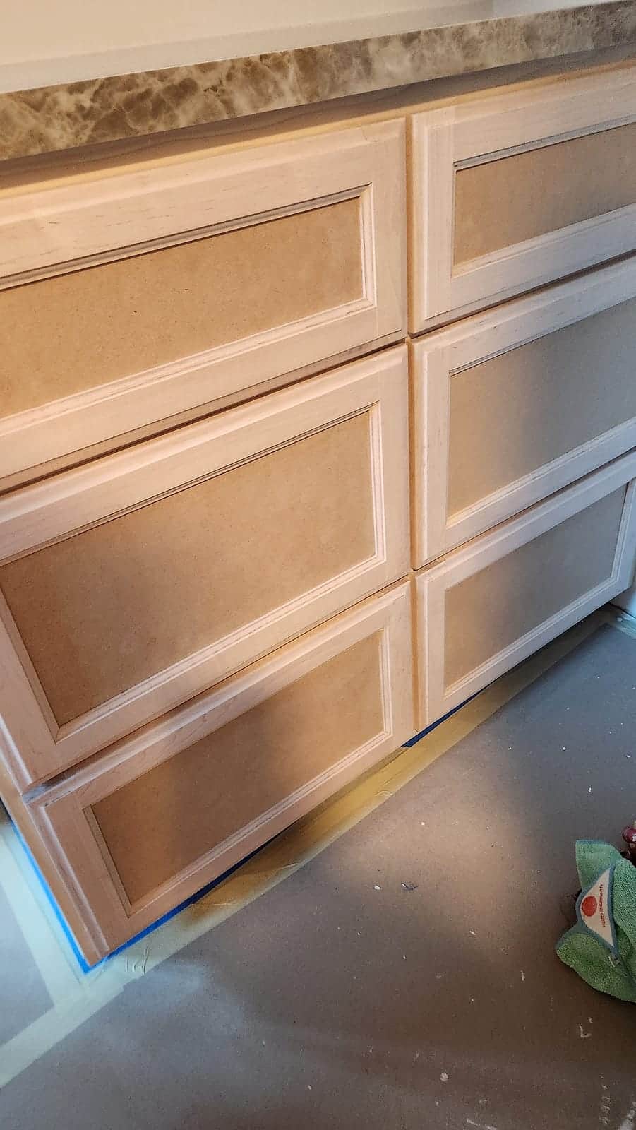 Cabinet drawer fronts primed and ready for finish coats